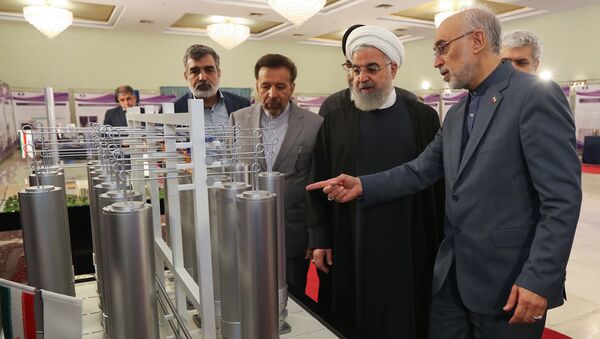 Iranian President Hassan Rouhani (2nd L) listening to head of Iran's nuclear technology organisation Ali Akbar Salehi (R) during the nuclear technology day in Tehran - Sputnik International