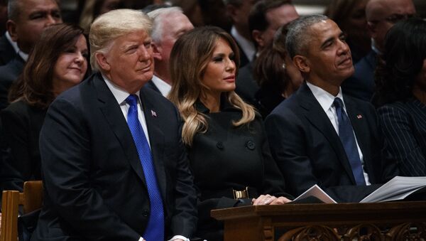 President Donald Trump, first lady Melania Trump, and former President Barack Obama watch during the State Funeral for former President George H.W. Bush at the National Cathedral, Wednesday, Dec. 5, 2018, in Washington. (AP Photo/Evan Vucci) - Sputnik International