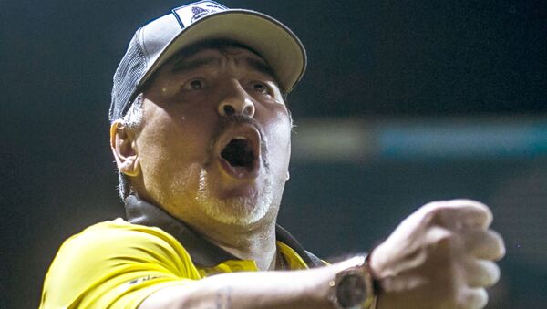  In this file photo taken on September 29, 2018, Argentine legend Diego Maradona coach of Mexican second-division club Dorados reacts during a match against Universidad de Guadalajara, at the Banorte stadium in Culiacan, Sinaloa State, Mexico - Sputnik International