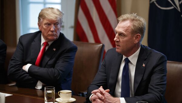 President Donald Trump listens as acting Secretary of Defense Patrick Shanahan speaks during an expanded bilateral meeting with NATO Secretary General Jens Stoltenberg in the Cabinet Room of the White House, Tuesday, April 2, 2019, in Washington. (AP Photo/Evan Vucci) - Sputnik International