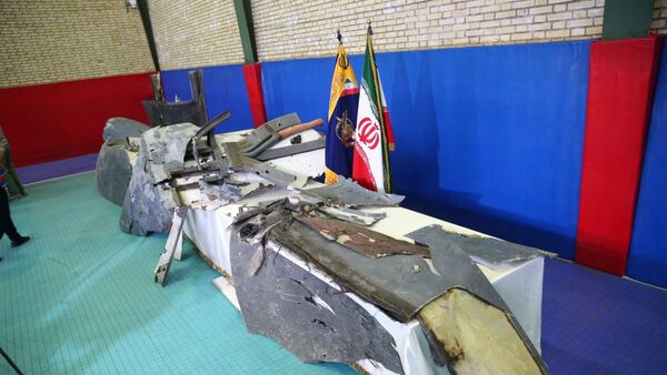 The purported wreckage of the American drone is seen displayed by the Islamic Revolution Guards Corps (IRGC) in Tehran, Iran June 21, 2019 - Sputnik International