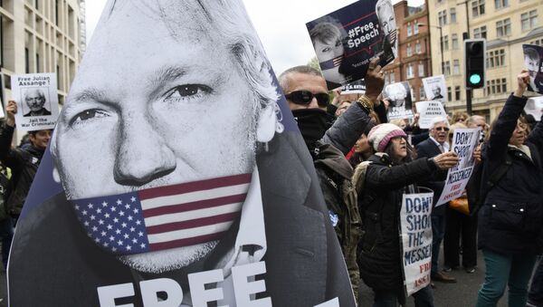Supporters of WikiLeaks founder Julian Assange block the traffic on Marylebone Road to protest against the extradition hearing of Julian Assange at Westminster Magistrates Court, in London, Great Britain - Sputnik International