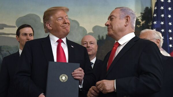 In this Monday, 25 March 2019 file photo, President Donald Trump smiles at Israeli Prime Minister Benjamin Netanyahu, right, after signing a proclamation in the Diplomatic Reception Room at the White House in Washington - Sputnik International