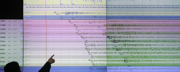A geologist looks at a screen showing the seismograph reading of the powerful earthquake - Sputnik International
