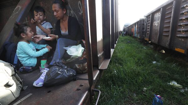 Мигранты в грузовом вагоне поезда в Мексике - Sputnik International