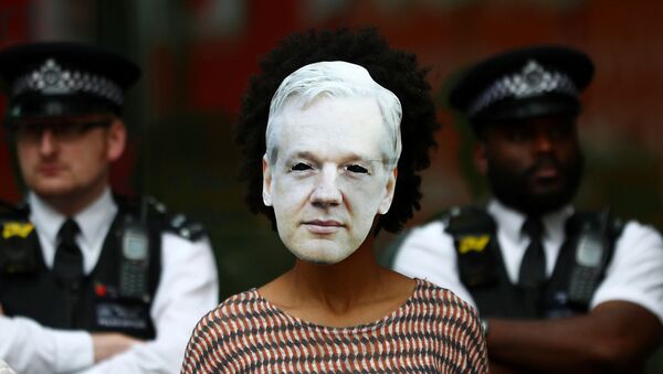 A demonstrator wearing a mask depicting Julian Assange protests as police officers stand guard outside of Westminster Magistrates Court, where a case hearing for U.S. extradition of Wikileaks founder Julian Assange is held, in London - Sputnik International