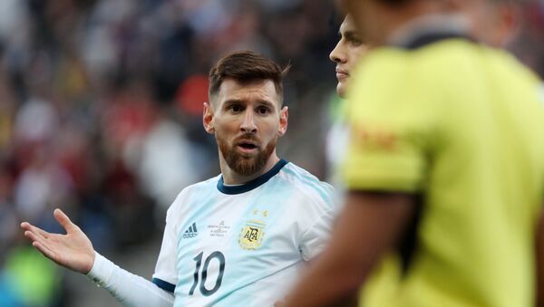 Argentina's Lionel Messi reacts after being shown a red card by referee Mario Diaz de Vivar - Sputnik International