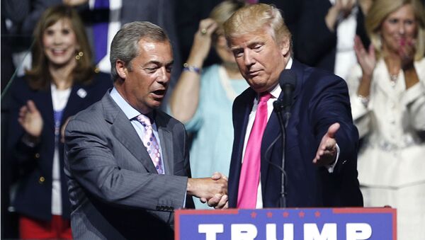 In this Wednesday, Aug. 24, 2016 file photo, the then Republican presidential candidate Donald Trump, right, welcomes pro-Brexit British politician Nigel Farage, to speak at a campaign rally in Jackson, Miss. - Sputnik International