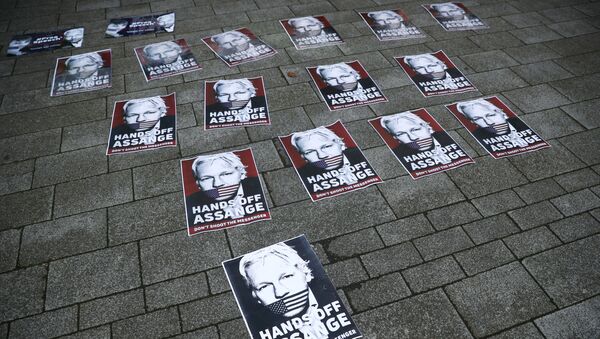 Placards depicting Julian Assange are seen outside of Westminster Magistrates Court, where a case hearing for U.S. extradition of Wikileaks founder Julian Assange is held, in London, Britain, June 14, 2019 - Sputnik International