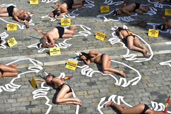 Pro-animal rights activists lie on the ground during a protest against bullfighting and bull-running called by the People for the Ethical Treatment of Animals (PETA) pro-animal group on the eve of the San Fermin festivities in Northern Spain. - Sputnik International