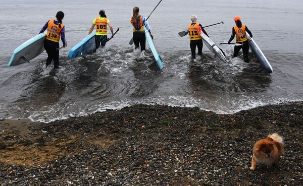 Female participants during the fourth stage of SUP Surf Strong Waves Tour Cup in Russia's Vladivostok. - Sputnik International