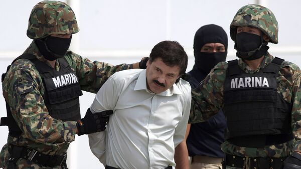 In this 22 February 2014 file photo, Joaquin El Chapo Guzman, centre, is escorted to a helicopter in handcuffs by Mexican navy marines at a hanger in Mexico City, after he was captured overnight in the beach resort town of Mazatlan. - Sputnik International