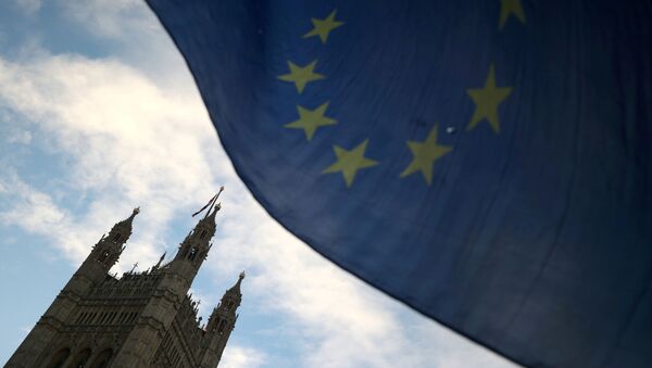 An EU flag flutters during an anti-Brexit demonstration outside the Houses of Parliament in London, Britain, January 28, 2019 - Sputnik International