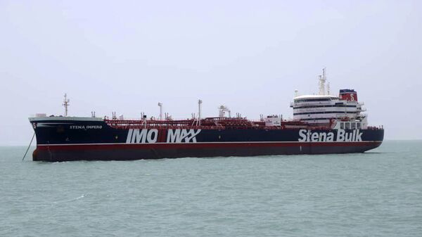 The Stena Impero, a British-flagged oil tanker which was seized by the Iran's Revolutionary Guard on Friday is photographed at the Iranian port of Bandar Abbas, 20 July 2019. - Sputnik International