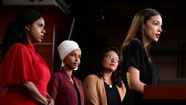U.S. Reps Ayanna Pressley (D-MA), Ilhan Omar (D-MN), Rashida Tlaib (D-MI) and Alexandria Ocasio-Cortez (D-NY) hold a news conference after Democrats in the U.S. Congress moved to formally condemn President Donald Trump's attacks on the four minority congresswomen on Capitol Hill in Washington, U.S., July 15, 2019 - Sputnik International