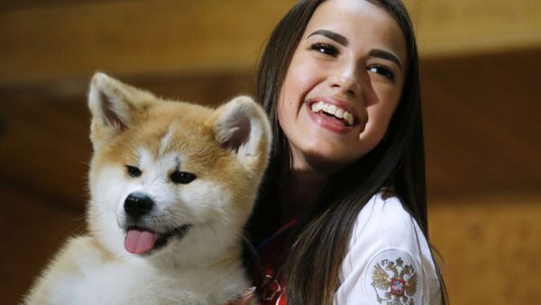 Russian figure skater Alina Zagitova with a puppy of the Japanese breed Akita Inu - Sputnik International
