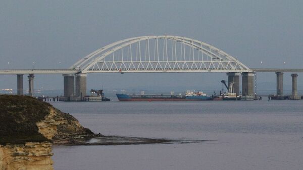 A cargo ship blocks a passage under the arch of the Crimean bridge over Kerch Strait in Russia, November 25, 2018 - Sputnik International