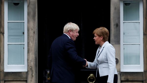 Britain's Prime Minister Boris Johnson shakes hands with Scotland's First Minister Nicola Sturgeon at Bute House in Edinburgh, Scotland, Britain July 29, 2019. - Sputnik International