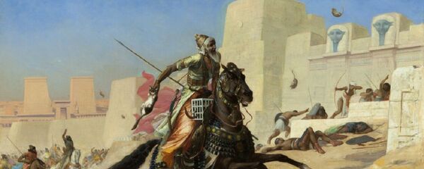 Persian soldiers allegedly used cats and other sacred Egyptian animals against the Pharaoh's army in an early example of psychological warfare during the Battle of Pelusium between the Achaemenid Empire and Ancient Egypt in 525 BC. Painting by French painter Paul Marie Lenoir, 1872. - Sputnik International