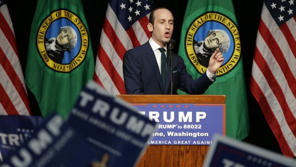 Stephen Miller, a policy advisor to Republican presidential candidate Donald Trump, speaks during a rally in Spokane, Wash., Saturday, May 7, 2016.  - Sputnik International