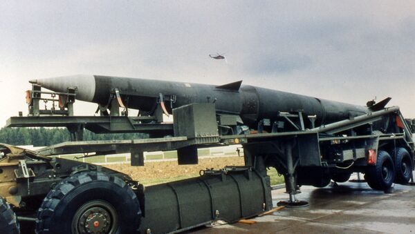 A Pershing II missile is seen on a semi-trailer at the Mutlangen, West Germany, US missile base, as the press was given a chance to inspect the army base May 20, 1987 - Sputnik International