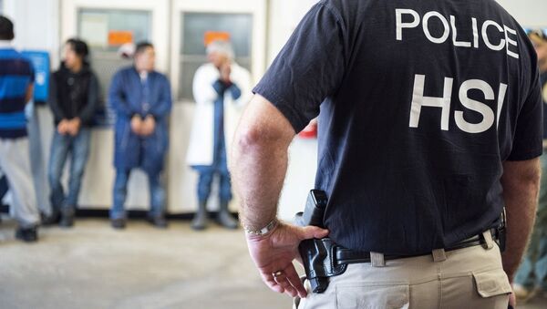 Homeland Security Investigations (HSI) officers from Immigration and Customs Enforcement (ICE) look on after executing search warrants and making some arrests at an agricultural processing facility in Canton - Sputnik International
