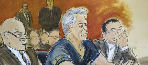 In this courtroom artist's sketch, defendant Jeffrey Epstein, center, sits with attorneys Martin Weinberg, left, and Marc Fernich during his arraignment in New York federal court, Monday, July 8, 2019. Epstein pleaded not guilty to federal sex trafficking charges. The 66-year-old is accused of creating and maintaining a network that allowed him to sexually exploit and abuse dozens of underage girls from 2002 to 2005. - Sputnik International