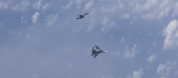 Russian Su-27 chasing NATO F-18 away from Defence Minister Sergei Shoigu's plane. Russian Su-27 chasing NATO F-18 away from Defence Minister Sergei Shoigu's plane. - Sputnik International