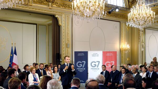 French President Emmanuel Macron delivers a speech on the environment and social equality to business leaders on the eve of the G7 summit in Paris, France, 23 August 2019.  - Sputnik International
