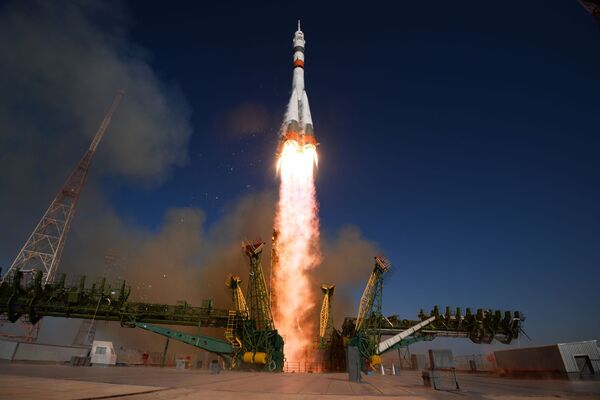 Soyuz-2.1a carrier rocket is being launched into space with the piloted Soyuz MS-14 vehicle from the Baikonur Cosmodrome. - Sputnik International