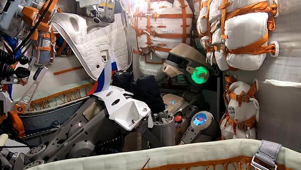 Humanoid robot Skybot F-850 (Fedor) wishes Russians a happy National Flag Day from inside the Soyuz MS-14 spacecraft.  - Sputnik International
