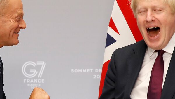Britain's Prime Minister Boris Johnson meets European Council President Donald Tusk for a bilateral meeting during the G7 summit in Biarritz, France, August 25, 2019.  - Sputnik International