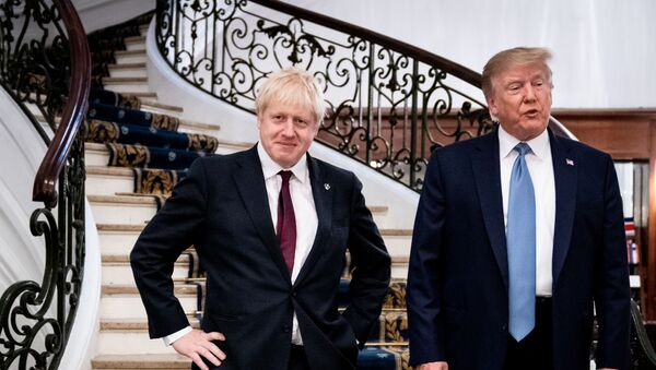 U.S. President Donald Trump and Britain's Prime Minister Boris Johnson arrive for a bilateral meeting during the G7 summit in Biarritz, France, August 25, 2019 - Sputnik International