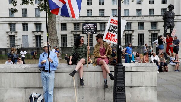 Anti-Brexit protestors sit on the Trafalgar Square in London, Britain, August 31, 2019 - Sputnik International