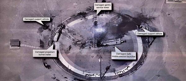 This image taken from the Twitter account of President Donald J. Trump, @realDonaldTrump, shows an undated photo of the aftermath of an explosion at Iran's Imam Khomeini Space Center in the country's Semnan province This image taken from the Twitter account of President Donald J. Trump, @realDonaldTrump, shows an undated photo of the aftermath of an explosion at Iran's Imam Khomeini Space Center in the country's Semnan province - Sputnik International