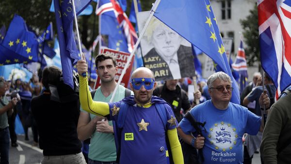 Pro-EU supporters protest during rally in London, Tuesday, Sept. 3, 2019. Parliament was reconvening Tuesday for a pivotal day in British politics as lawmakers challenge British Prime Minister Boris Johnson's insistence that the U.K. will leave the European Union on Oct. 31, 2019 even without a deal - Sputnik International
