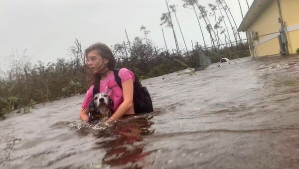 Julia Aylen wades through waist deep water carrying her pet dog as she is rescued from her flooded home during Hurricane Dorian in Freeport, Bahamas, Tuesday, Sept. 3, 2019. Practically parking over the Bahamas for a day and a half, Dorian pounded away at the islands Tuesday in a watery onslaught that devastated thousands of homes, trapped people in attics and crippled hospitals. Julia Aylen is the daughter of Photojournalist Tim Aylen, author of this photo. (AP Photo/Tim Aylen) - Sputnik International