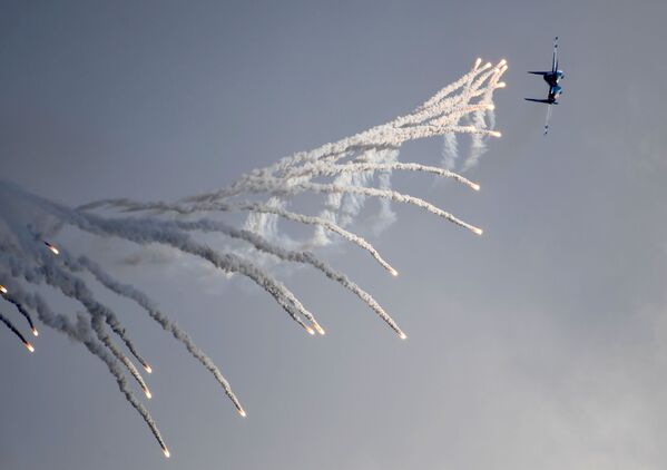 A Su-30SM fighter jet of the 'Russian Knights' aerobatic team performs during the MAKS-2019 international aviation and space show in Zhukovsky outside Moscow. - Sputnik International