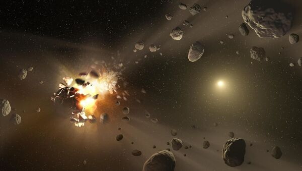 An artist's concept of catastrophic collisions between asteroids located in the belt between Mars and Jupiter. - Sputnik International