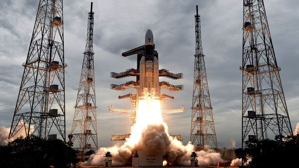 This photo released by the Indian Space Research Organization (ISRO) shows its Geosynchronous Satellite launch Vehicle (GSLV) MkIII carrying Chandrayaan-2 lift off from Satish Dhawan Space center in Sriharikota, India, Monday, July 22, 2019 - Sputnik International