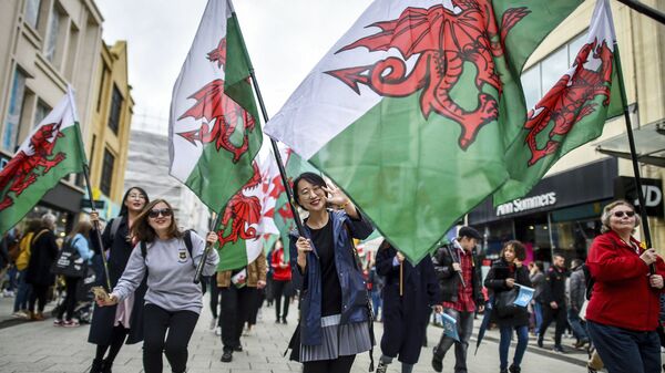 People wave Welsh flags, during a St David's Day Parade in Cardiff, Wales, Friday March 1, 2019 - Sputnik International