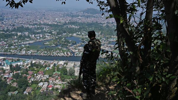 An Indian paramilitary trooper patrols at the top of a hill in Srinagar on August 25, 2019 - Sputnik International