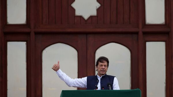 Pakistan's Prime Minister Imran Khan gestures as he speaks during a countrywide 'Kashmir Hour' demonstration to express solidarity with the people of Kashmir, at the Prime Minister's House in Islamabad, Pakistan, August 30, 2019.  - Sputnik International