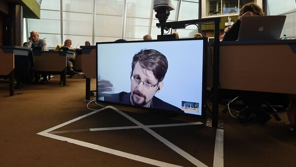 Former US National Security Agency (NSA) contractor and whistle blower Edward Snowden speaks via video link from Russia as he takes part in a round table meeting on the subject of Improving the protection of whistleblowers on March 15, 2019, at the Council of Europe in Strasbourg, eastern France - Sputnik International