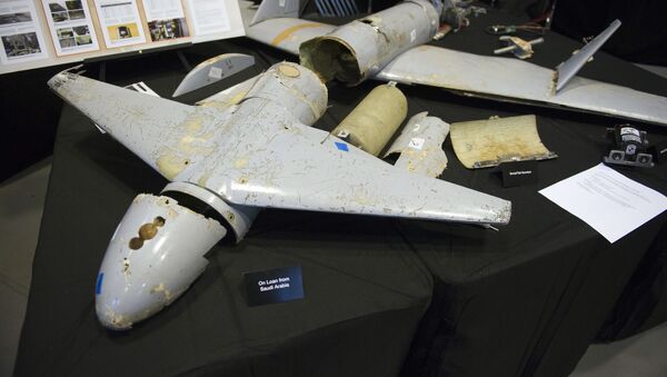 Alleged remains of an Iranian-made UAV fired by Yemen into Saudi Arabia at a presentation by former US Ambassador to the UN Nikki Haley in 2017. - Sputnik International