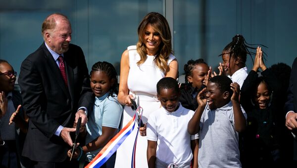First Lady Melania Trump participates in a ribbon cutting and ceremonial ride to the top, to celebrate the re-opening of the Washington Monument, after a 37-month closure to modernize the elevator control system and construct a new security screening facility, in Washington, U.S., September 19, 2019 - Sputnik International