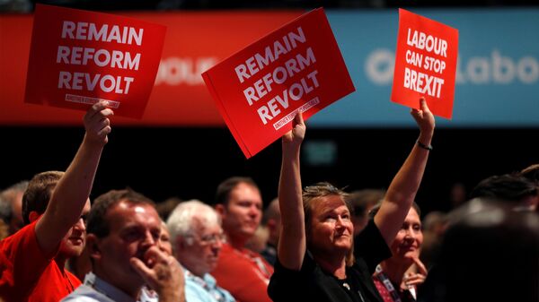 Labour party supporters hold anti-Brexit signs during the Labour party annual conference in Brighton, Britain September 23, 2019.   - Sputnik International