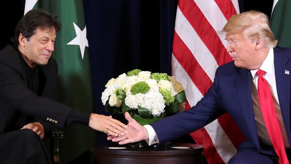 U.S. President Donald Trump greets Pakistan's Prime Minister Imran Khan during a bilateral meeting on the sidelines of the annual United Nations General Assembly in New York City, New York, U.S., September 23, 2019 - Sputnik International
