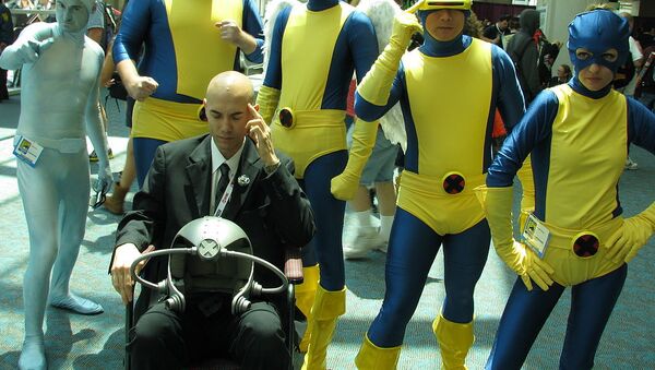 A group cosplay of the original X-Men. From the top row and left to right is Iceman, Beast, Angel, Cyclops, and Jean Grey [Marvel Girl]. In the front row is Prof. Xavier - Sputnik International