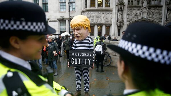 A protester stands outside the Supreme Court of the United Kingdom after the hearing on British Prime Minister Boris Johnson's decision to prorogue parliament ahead of Brexit, in London, Britain September 24, 2019 - Sputnik International